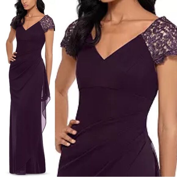 NWT Xscape | Purple Lace Sleeve Chiffon V Neck Flutter Ruffle Gown Dress 6 - Picture 1 of 12